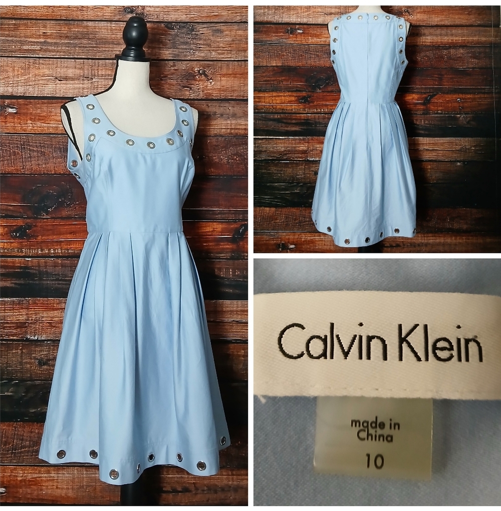 Calvin Klein Dress 10 Baby Blue Fit & Flare Grommet Pleated Zip Back Cotton